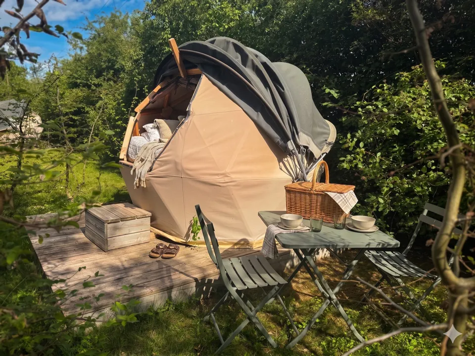 La terrasse et son panier petit-déjeuner, au cœur de la verdure.