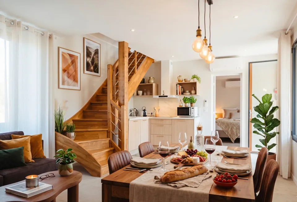 La grande pièce de vie : salon, salle à manger et cuisine équipée.